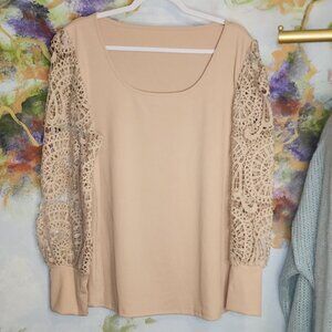 Shein Curve Crochet Sleeve Top 2XL Beige